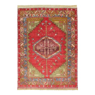 Antique Turkish Medallion Oushak Rug in Red, Green and Blue For Sale