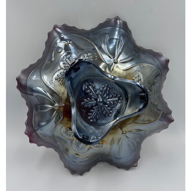 Carnival Glass Northwood Three Fruits Medallion Amethyst Footed Bowl For Sale - Image 4 of 9