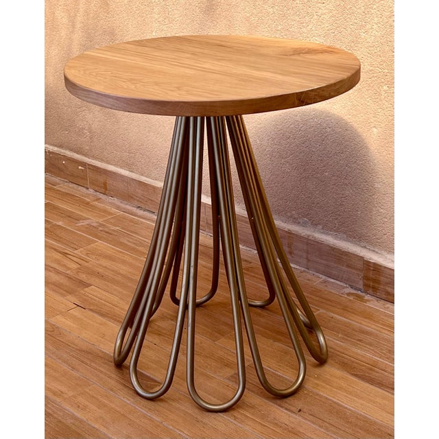Modern New Metal Fleur Side Table with Oak Wood Top Indoor and Outdoor For Sale - Image 3 of 18