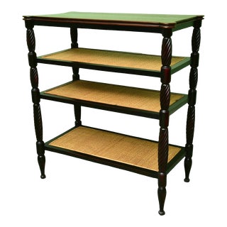 1990s Palecek Four Tier Mahogany Etagere With Rattan Shelves For Sale
