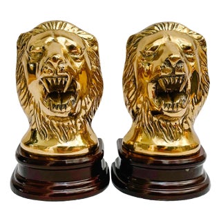Mid 20th Century Solid Brass Roaring Lion Bookends on Wood Bases - A Pair For Sale