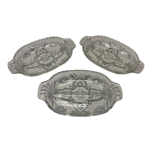 Vintage Mid Century Pressed Glass Oval Relish Dishes With Starburst Pattern - Set of 3