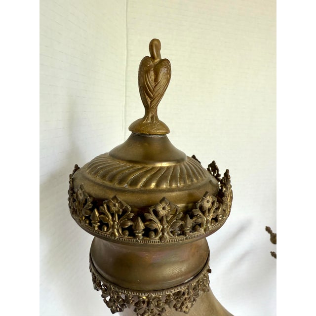 Brass Pair of 19th C. Brass and Horn Cherub Trophy Beer Steins Mantel Cornucopias For Sale - Image 8 of 12