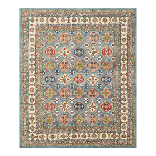 Kazak Rug 8'2'' X 9'9'' Blue Wool Tribal Geometric Hand-Knotted Oriental Carpet For Sale