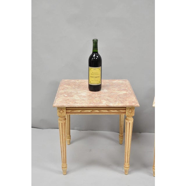 French Vintage French Louis XVI Style Pink Marble Top Low Drinks Side Tables - A Pair For Sale - Image 3 of 16