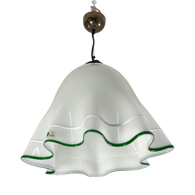 Milk and Green Murano Glass Fazzoletto Pendant in the style of Venini, 1970s. For Sale