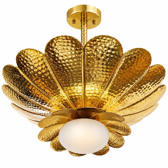 Handmade Brass Flower Chandelier, Hammered Lotus Ceiling Light, Antique Brass Floral Pendant, Art Deco Luxury Ceiling Fixture 28 Inches For Sale - Image 4 of 14