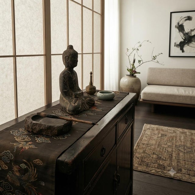 13.5" Black Brown Distressed Marks Small Stone Sitting Buddha Statue For Sale In San Francisco - Image 6 of 8
