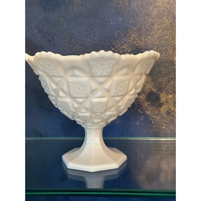 Glass Mid 20th Century Footed Round Bowl Old Quilt Pattern Milk Glass by Westmoreland For Sale - Image 7 of 7