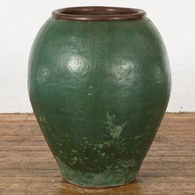 Mid 20th Century Large Thai 1950s Green Glazed Ceramic Planter with Brown Lip & Tapering Body For Sale - Image 5 of 13