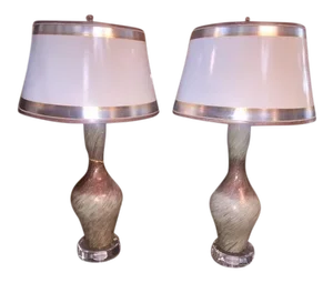 Vintage Burgundy & White Copper Fleck Murano Lamps - A Pair