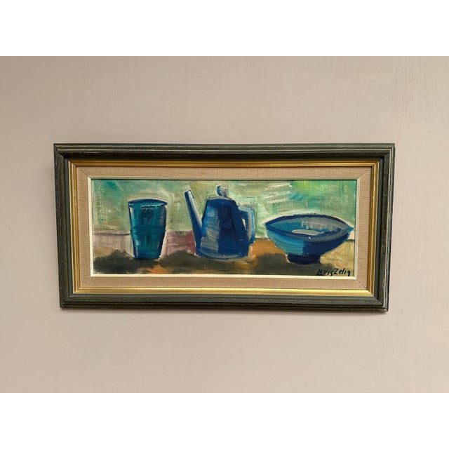 Original Vintage Oil on Panel – “Kettle Bowl and Glass” by Louis Zelig – Signed – Vintage & Framed – 40 × 80 cm (15.7" ×...