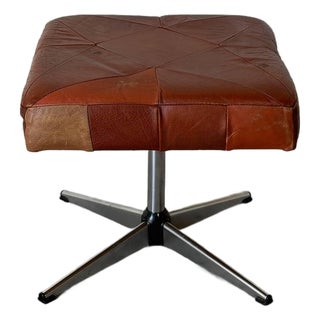 Square Brown Leather Ottoman With Chrome Base Vintage Mid-Century Modern 1970s For Sale