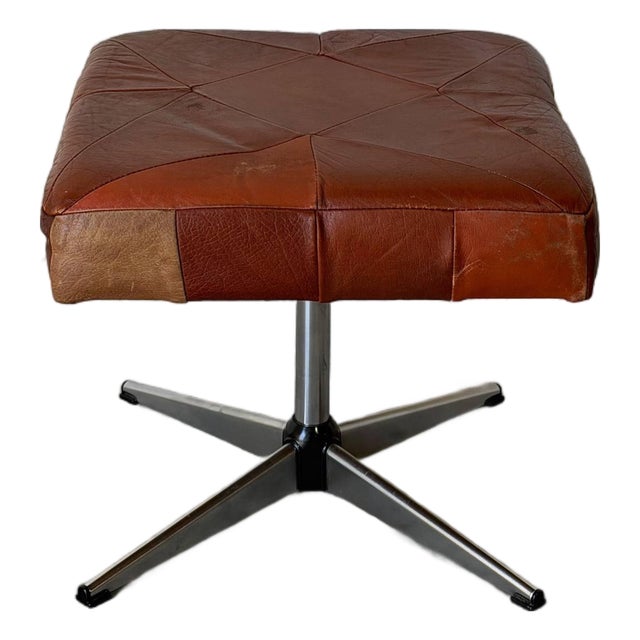 Square Brown Leather Ottoman With Chrome Base Vintage Mid-Century Modern 1970s For Sale