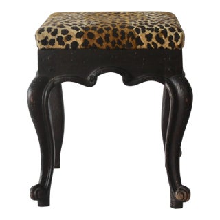 Mid 20th Century George III Style Black Carved Wood Leopard Needlepoint Padded Seat Large Square Stool For Sale