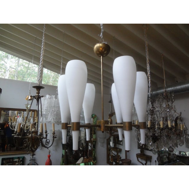 Italian Brass and Glass Modernist Chandelier-Fontana Arte Style For Sale - Image 11 of 11