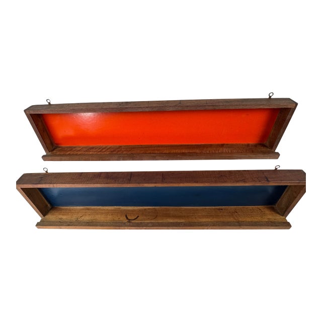 MCM 1950s Cabin Modern Architect Pair of MCM Walnut Wall Shelf Spice Rack in Orange+Blue Background Panels For Sale