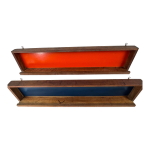 MCM 1950s Cabin Modern Architect Pair of MCM Walnut Wall Shelf Spice Rack in Orange+Blue Background Panels