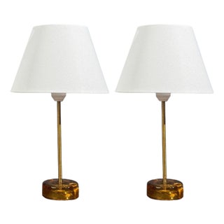 Nybro Armaturfabrik, Table Lamps, Amber Glass, Brass, Sweden, 1970s For Sale