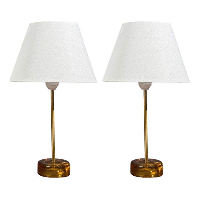 Nybro Armaturfabrik, Table Lamps, Amber Glass, Brass, Sweden, 1970s For Sale