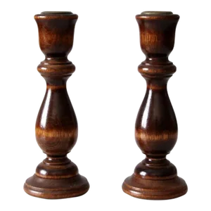 Vintage Turned Wood Candle Holders Pair