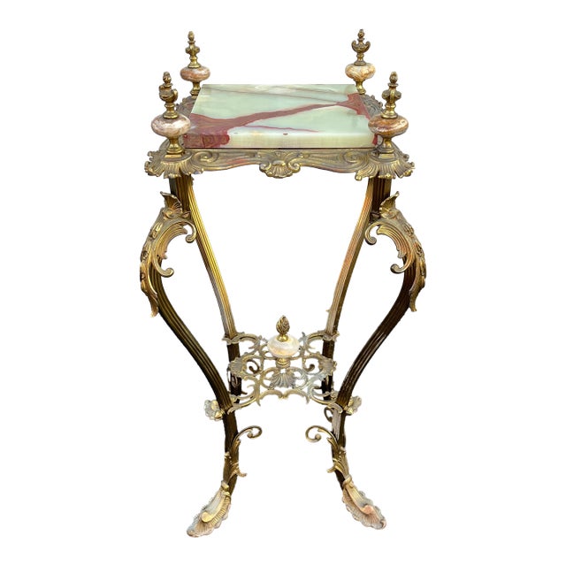 Art Nouveau Onyx and Brass Planter Stand With Polished Finials For Sale