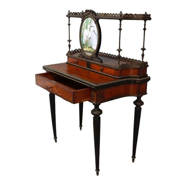 Wood French Louis XVI Aesthetic Burl, Ebonized & Ormolu Bonheur Du Jour C1880 For Sale - Image 7 of 8