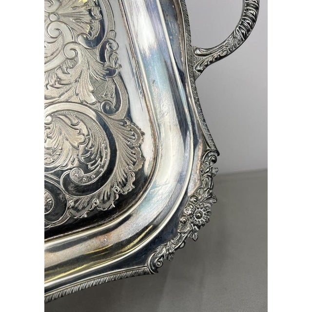 Vintage English Ornate Engraved Metal Twin Handle Tray For Sale - Image 10 of 18
