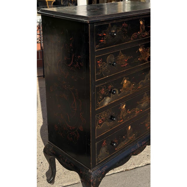 Antique Chinoiserie Black & Gold Tall Chest of Drawers For Sale - Image 4 of 6