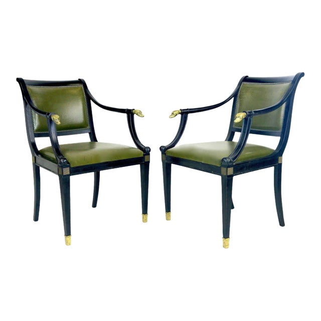 Refined Regency Pair Armchairs With Brass Dog Head Finials, Circa 1930 For Sale