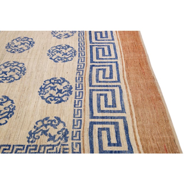 Beige Modern Handmade Blue Greek Key Pattern Beige Oversize Wool Rug For Sale - Image 8 of 11