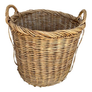 Large Rustic European Woven Rattan Basket W/Handles For Sale