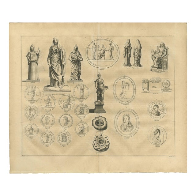 After Bernard de Montfaucon, Vesta and Vestal Virgins, Roman Statues and Coins, 1721, Engraving For Sale