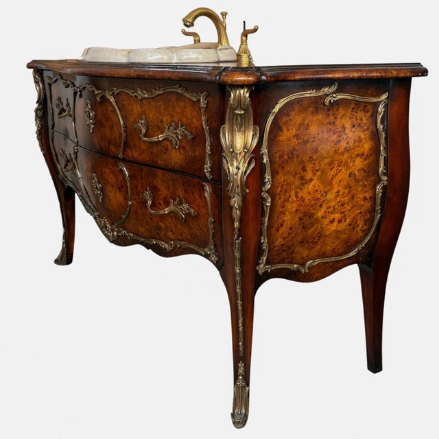 Rococo French Louis XV Burl Wood and Ormolu Commode Vanity With Hand-Painted Sink For Sale - Image 3 of 18