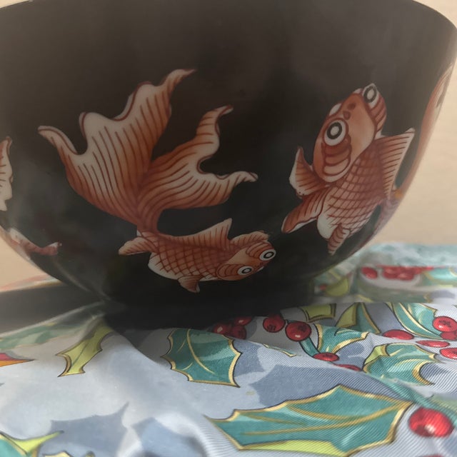Chinoiserie Vintage Chinoiserie Black Porcelain Bowl With Hand-Painted Koi Fish For Sale - Image 3 of 6