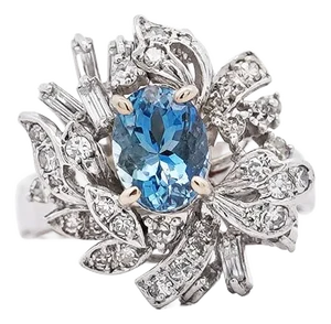1.26 Carat Aquamarine & Diamond in 18k Yellow Gold Floral Statement Ring, Size 6.25