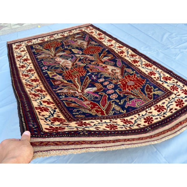 Islamic Afghan Peacock Area Rug, Hand-Knotted Wool, Floral, 4x6, Indigo & Magenta For Sale - Image 3 of 13