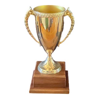 Classic Gold-Tone Metal Loving Cup Trophy Mounted on a Tiered Walnut Wood Base. For Sale