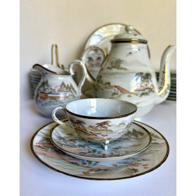 1970s Japanese Hand-Painted Eggshell Porcelain Landscape Luncheon Tea Set - 36 Pieces For Sale - Image 14 of 17