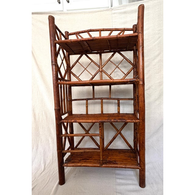 Mid-Century Modern Vintage Chinoiserie Tortoiseshell Bamboo & Rattan 4-Tier Etagere Bookshelf For Sale - Image 3 of 12