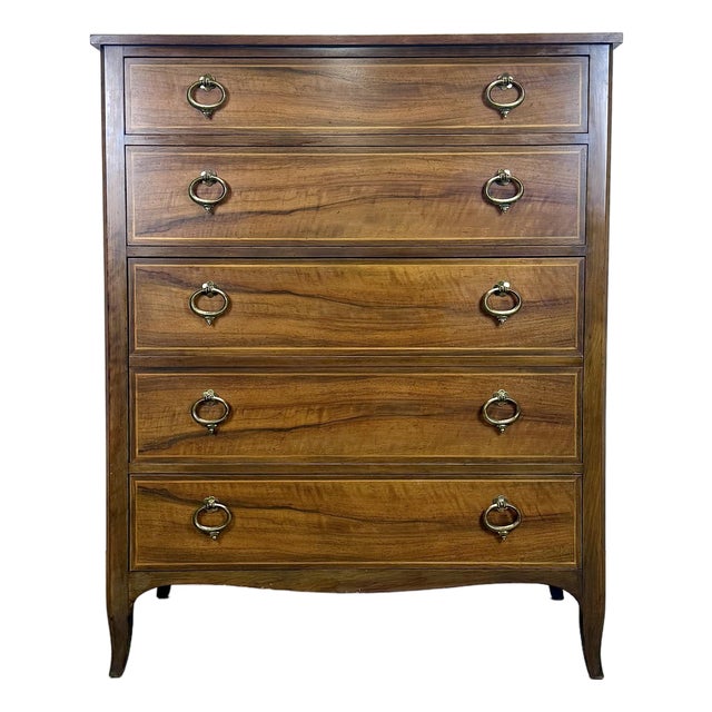 Mid 20th Century Baker Furniture Walnut /Satinwood Bow Front Tall Dresser Chest of Drawers For Sale