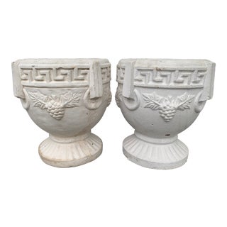 Antique Concrete Grecian Greek Key and Grape Motif Planters - A Pair For Sale