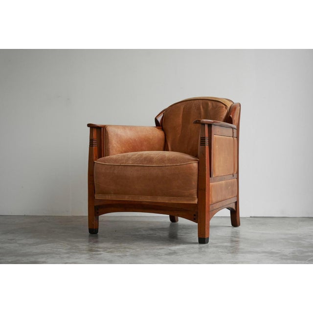 Vintage Art Deco Chair in Oak and Cognac Leather, 1980s For Sale - Image 9 of 14