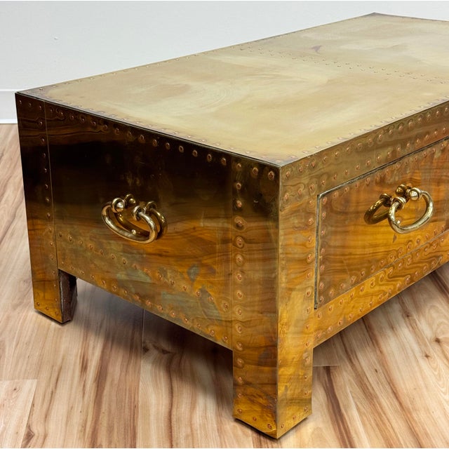 Brass Vintage Brass Clad Sarreid LTD Coffee Table Trunk For Sale - Image 8 of 14