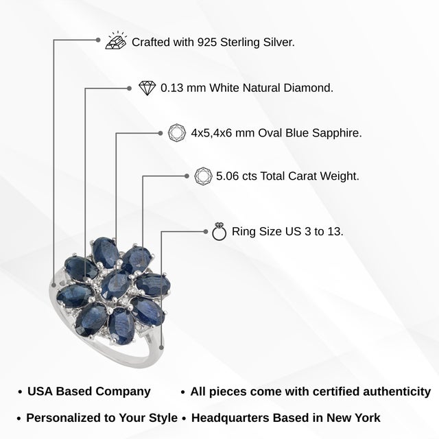 Midnight 5.06 Ct Blue Sapphire & Diamond Floral Cluster Cocktail Ring, Size 7 For Sale - Image 9 of 12