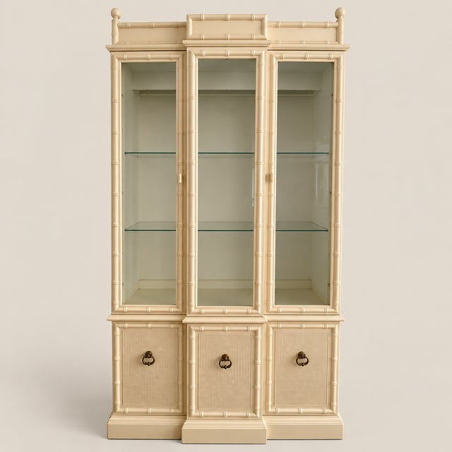 Offered is a fabulous vintage American of Martinsville faux bamboo china/display cabinet. The top portion features two...
