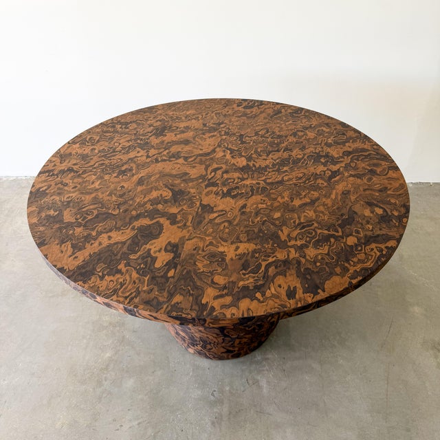 Chocolate 1970s Mid-Century Modern Round Burlwood Pedestal Dining Table For Sale - Image 8 of 10