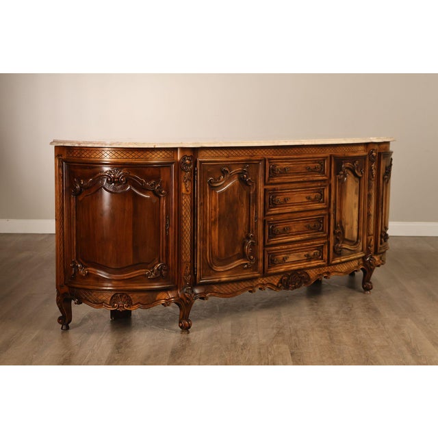 French Provincial French Louis XV Style 106" Long Marble Top Walnut Sideboard For Sale - Image 3 of 18