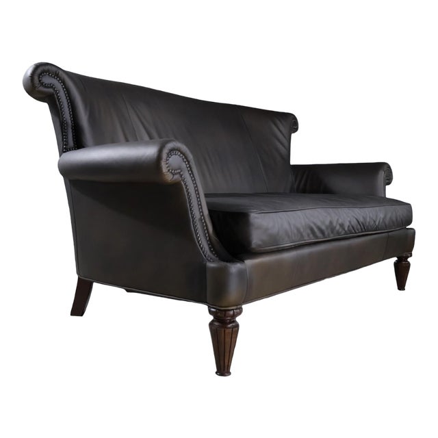 Modern Loom Noir Infinite High-Back Black Leather Sofa With Scroll Arms For Sale - Image 3 of 10