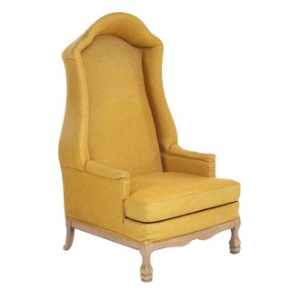 Vintage Mid-Century Porter's Chair in Mustard Wool Upholstery on a Limed Wood Base For Sale